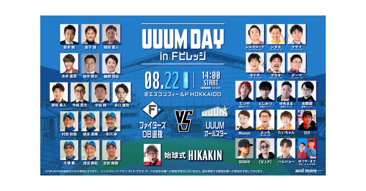 「UUUM DAY in Fビレッジ」8月22日（土）エスコンフィールドにて開催決定！ファイターズOB選抜とUUUMオールスターが激突。この夏、エスコンフィールドが最高に熱い「アソビ場」になる！〜HIKAKIN、フィッシャーズ、東海オンエアが登場！チケットは明日12:00より販売開始〜